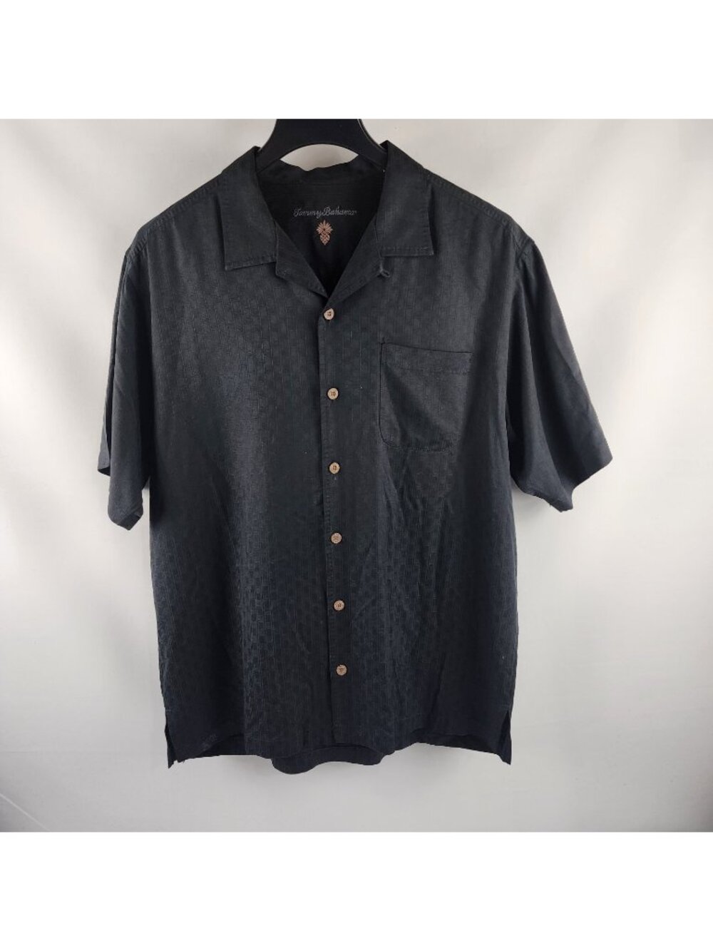 Tommy Bahama Shirt Mens L Black Silk S/S Camp Button Up 104-T32591
